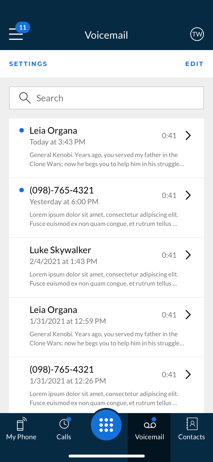 voicemail details on the comcast business app
