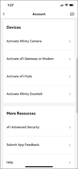 The Account page is displayed with the option to Activate xFi Pods under Devices.