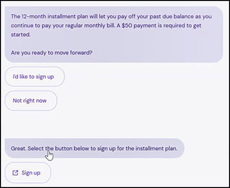 Xfinity Assistant chat screen with repayment plan sign up options.