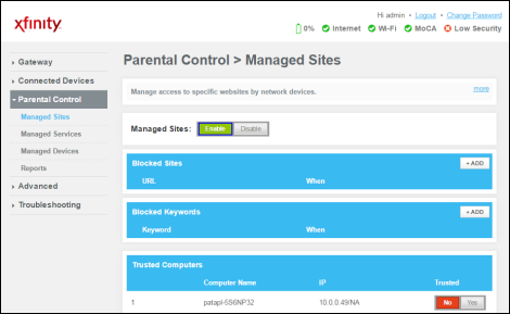 Parental Controls Managed Sites screen