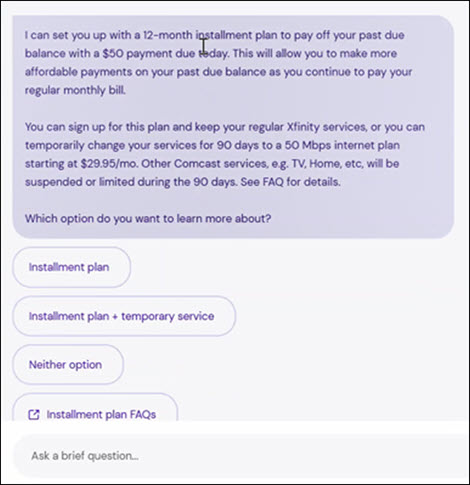 Xfinity Assistant chat screen with installment plan options.